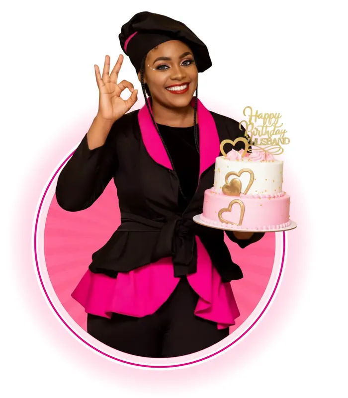 Tiffany holding a pink celebration cake